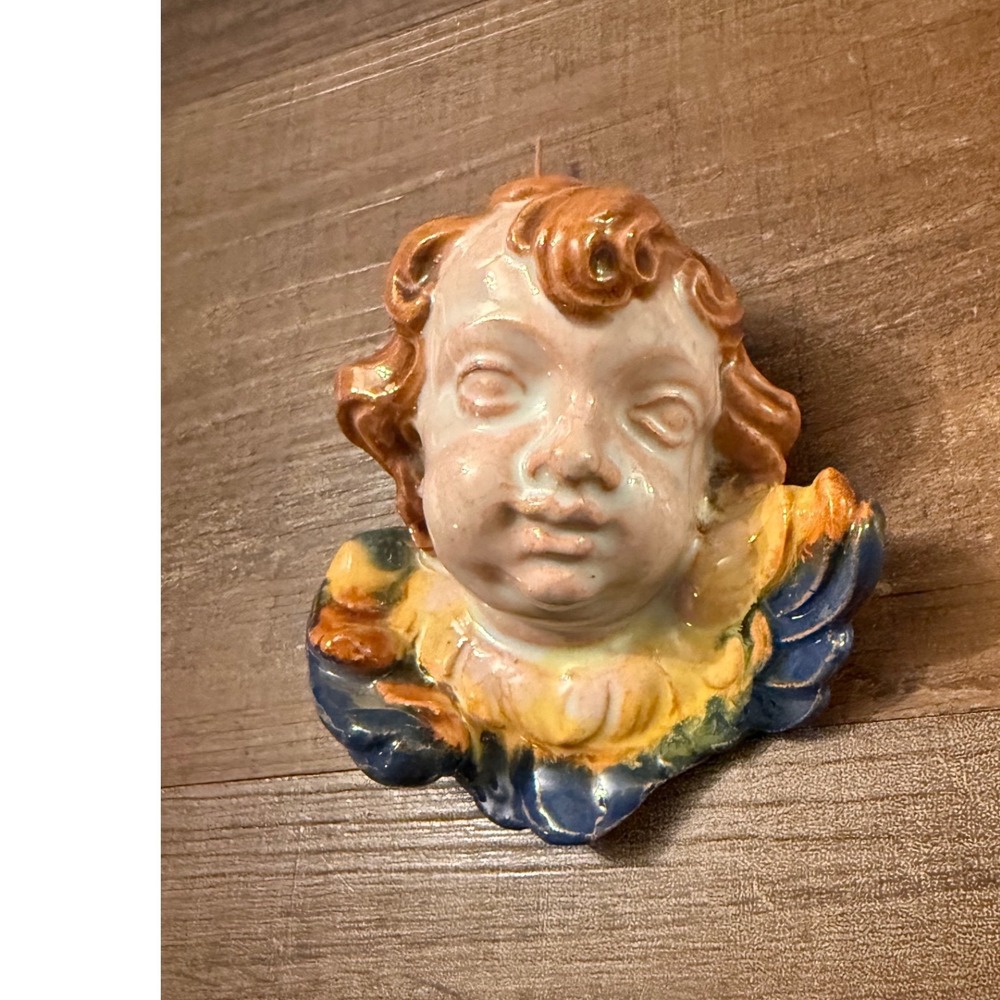 Vintage Italian Majolica Ceramic Cherub Wall Hanging Signed Angel Wing Decor